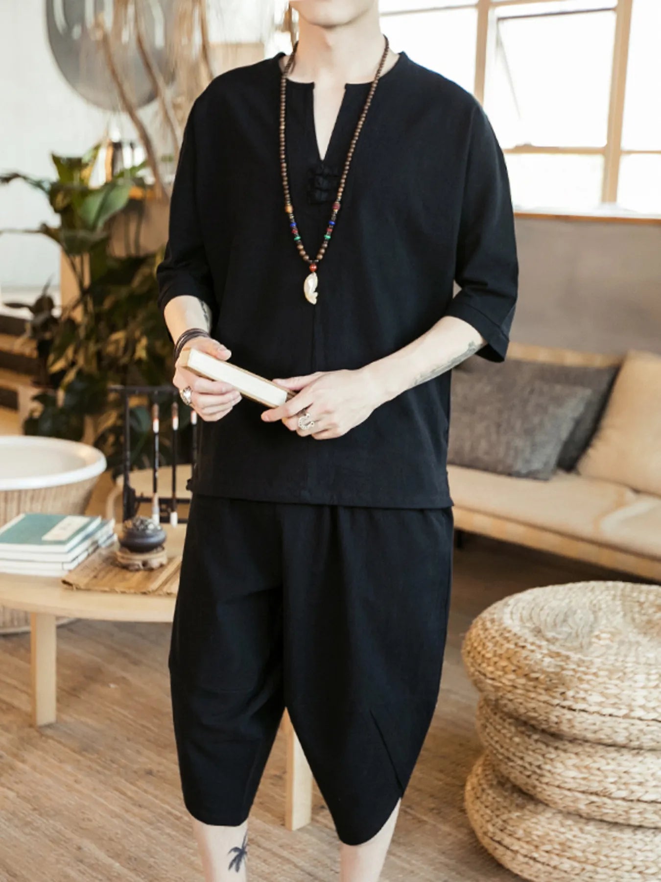 Men's Plus Size Notched Half Sleeve Top and Cropped Pants Set