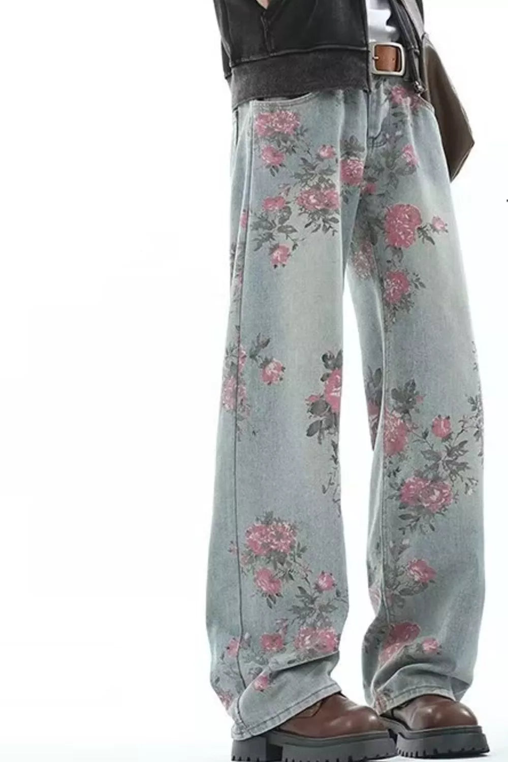Men's Full Size Floral Print Wide Leg Jeans Plus Size