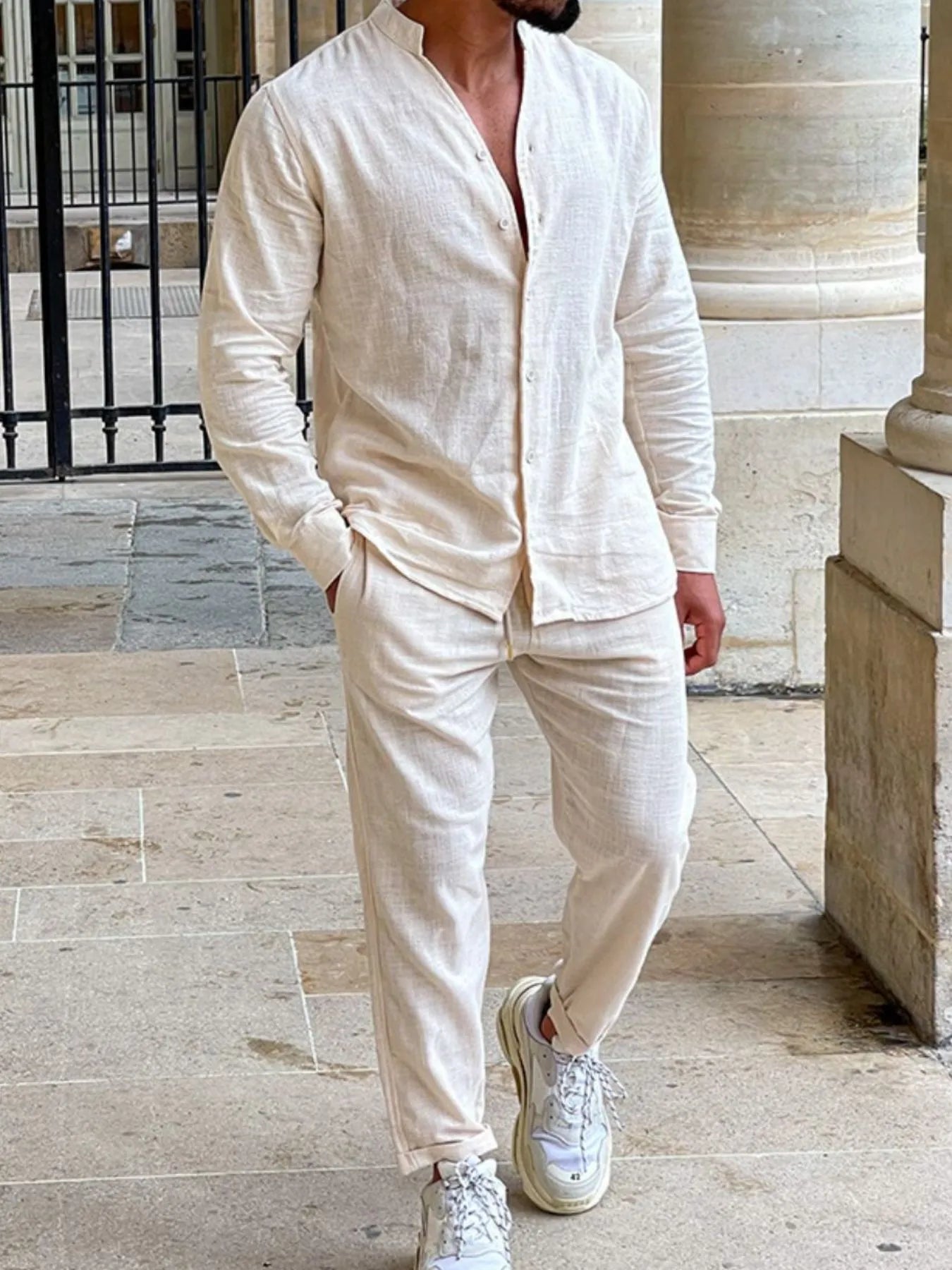 Men's Button Up Long Sleeve Top and Pants Set